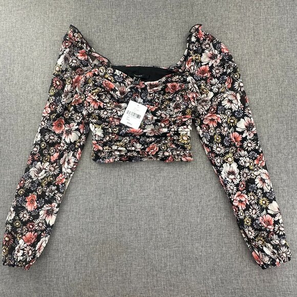 NEW! Forever 21 Ruched  Cropped Top Long Sleeve Puffy Sleeves Small Floral Black - Picture 2 of 14